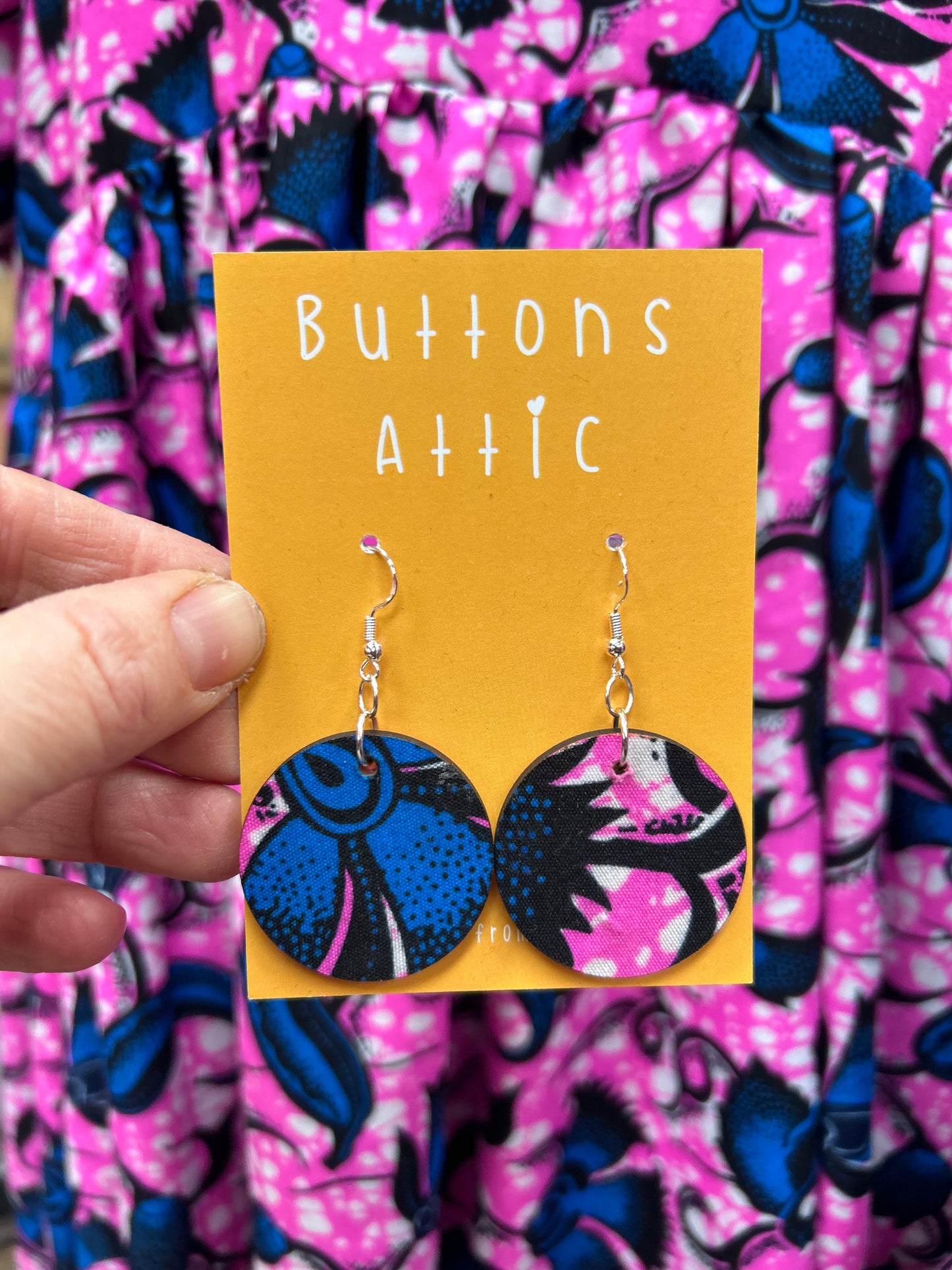 Pink Neon Sunsets Print Zero Waste Large Single Drop Hook Earrings