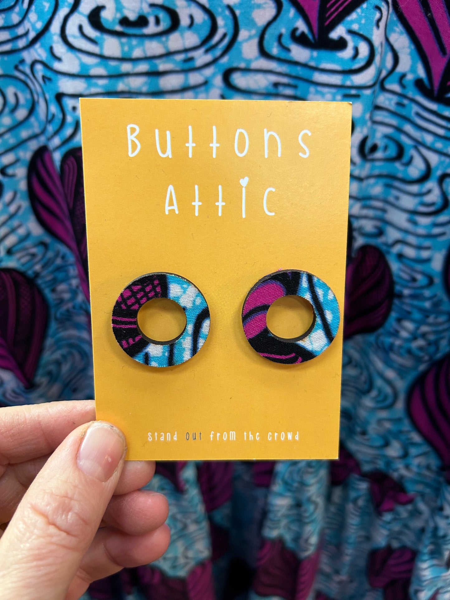 Pink & Blue Swimming Hearts Print Zero Waste Large Stud Circle Cut Out Earrings