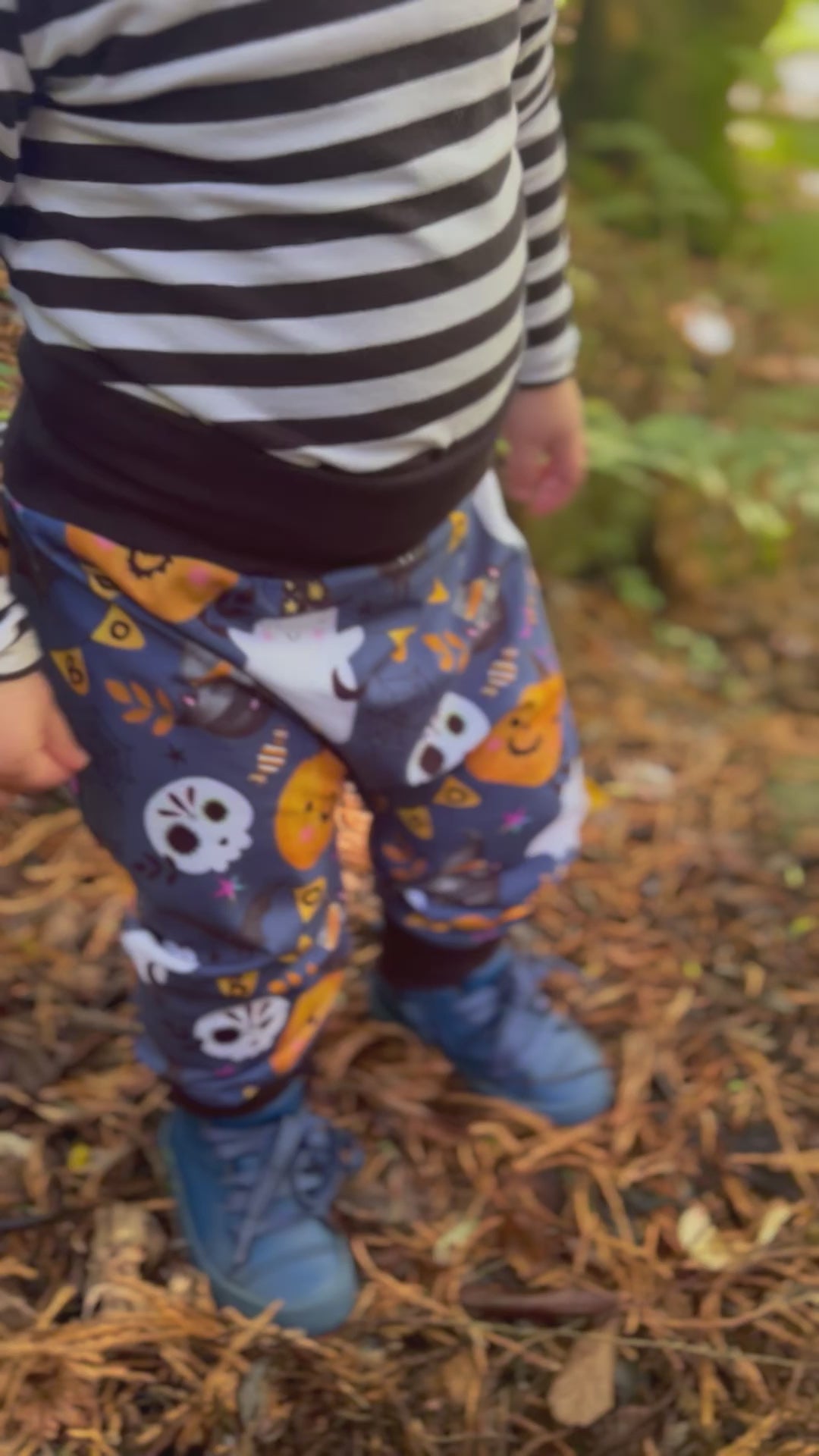 Load and play video in Gallery viewer, Blue ‘BOO’ Halloween Baby & Toddler Jersey Harem Pants