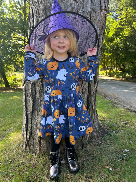 Blue BOO Halloween Long Sleeve Baby & Toddler Jersey Dress