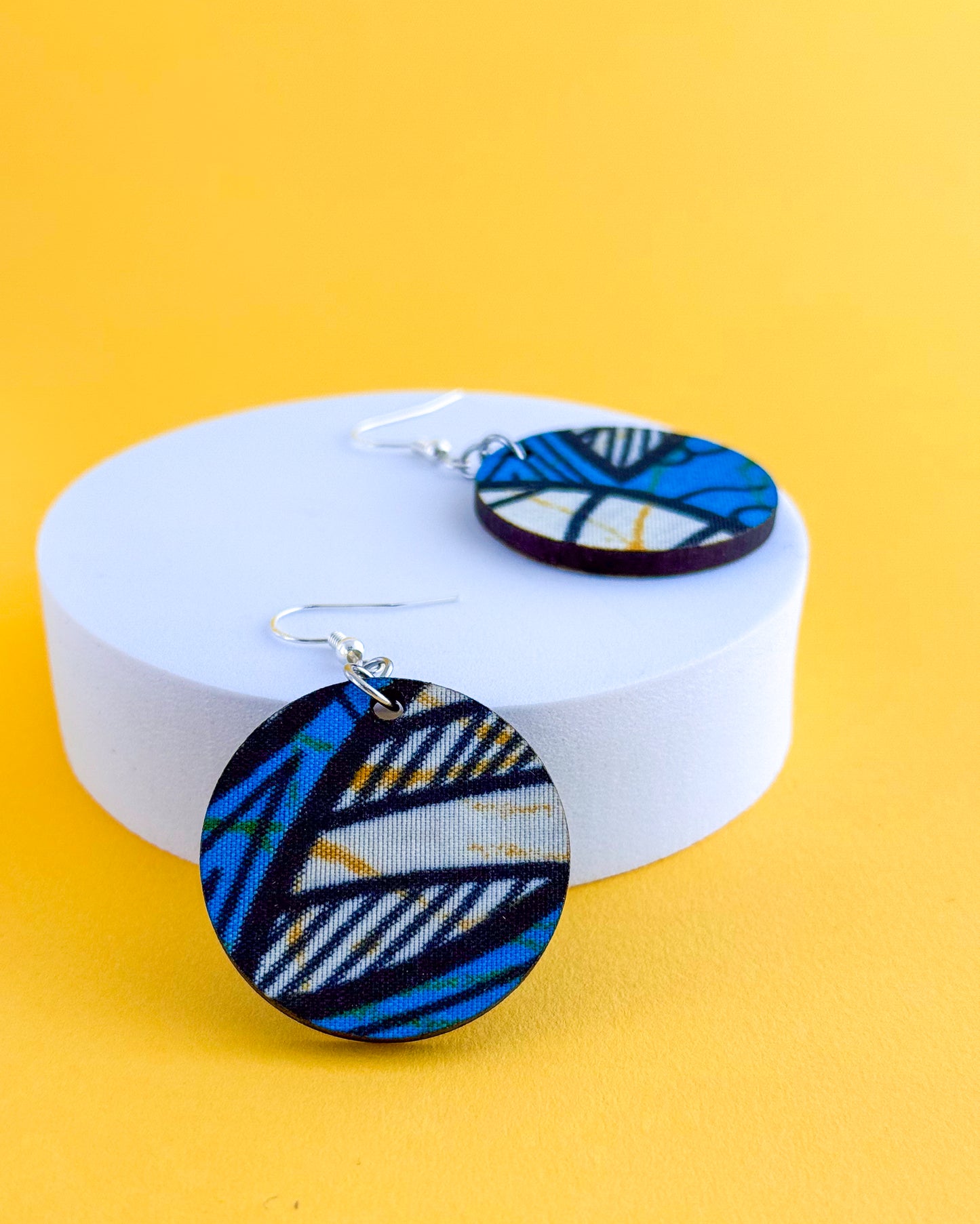 Blue Tribal Navy Print Large Circle Single Drop Zero Waste Earring