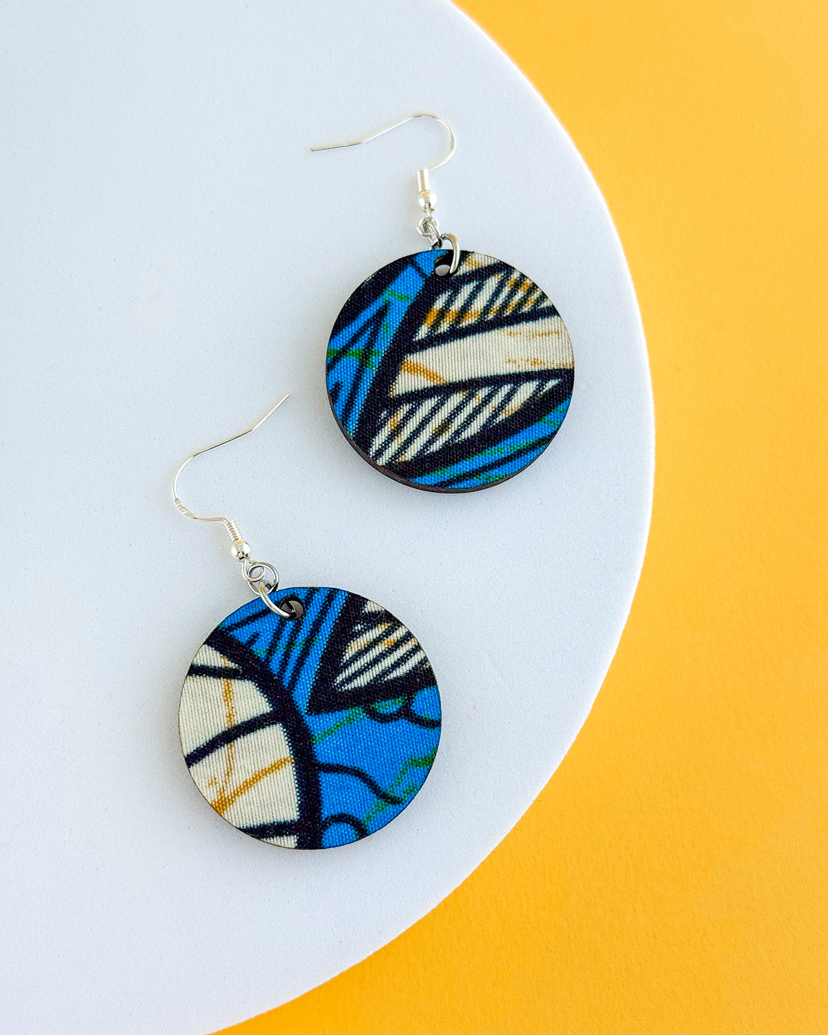 Blue Tribal Navy Print Large Circle Single Drop Zero Waste Earring