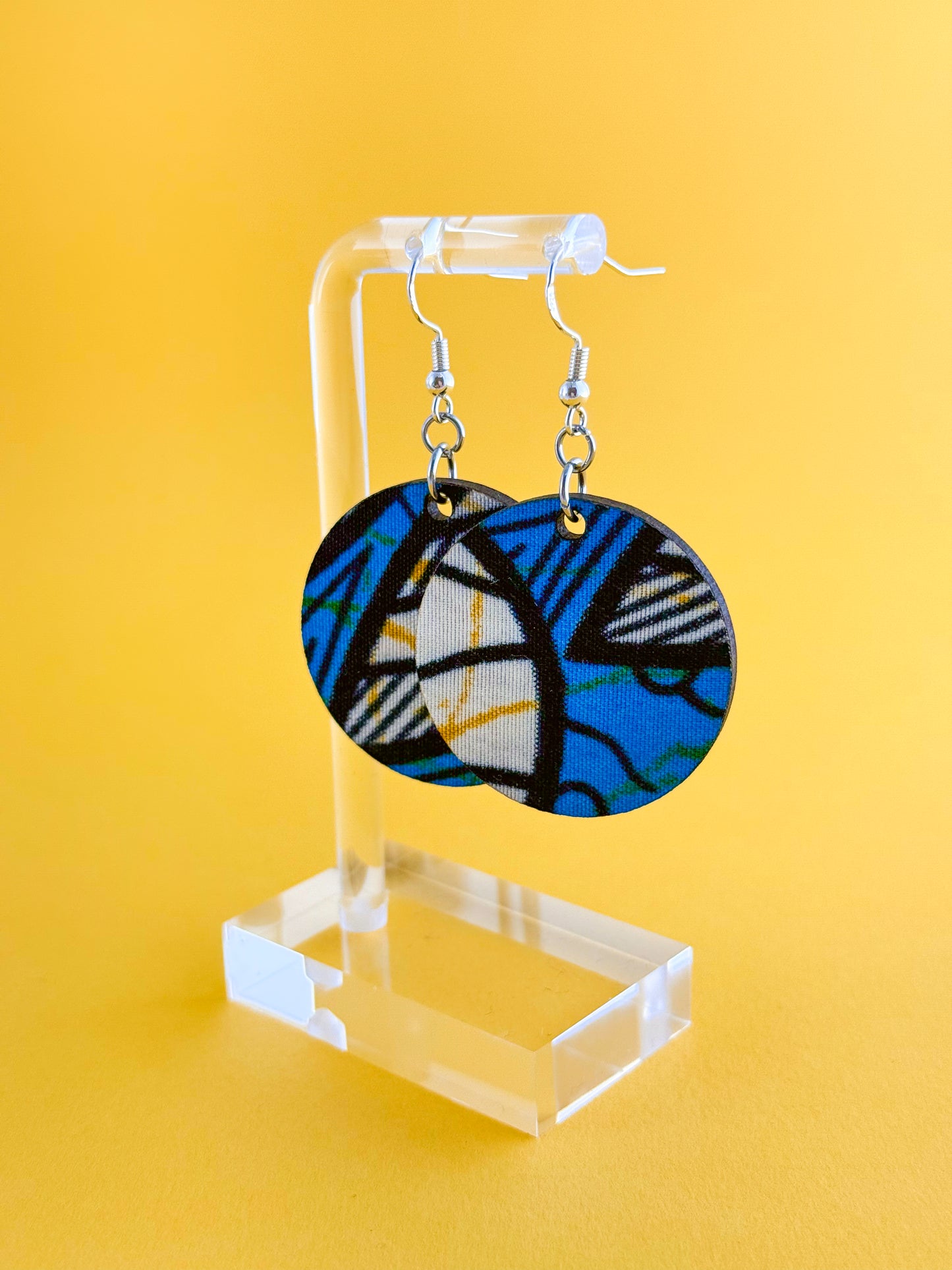 Blue Tribal Navy Print Large Circle Single Drop Zero Waste Earring