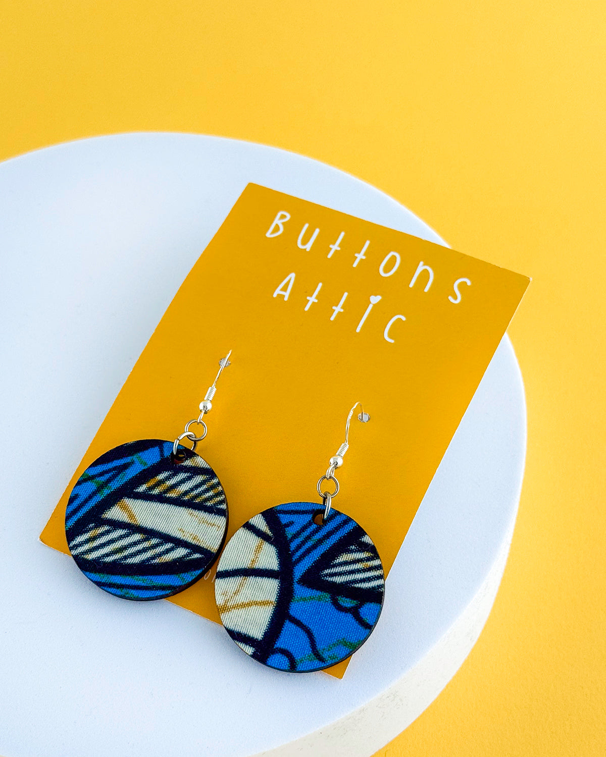 Blue Tribal Navy Print Large Circle Single Drop Zero Waste Earring