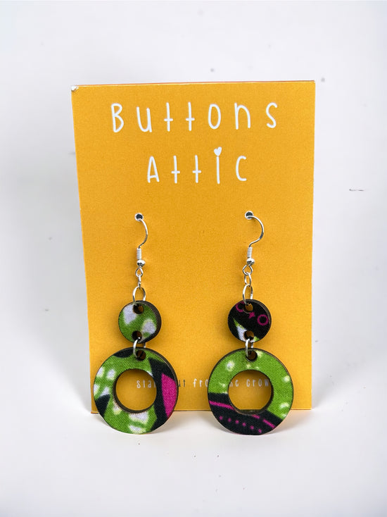 Green Jungle Fever Print Zero Waste Double Drop Circle Cut Out Hook Earrings