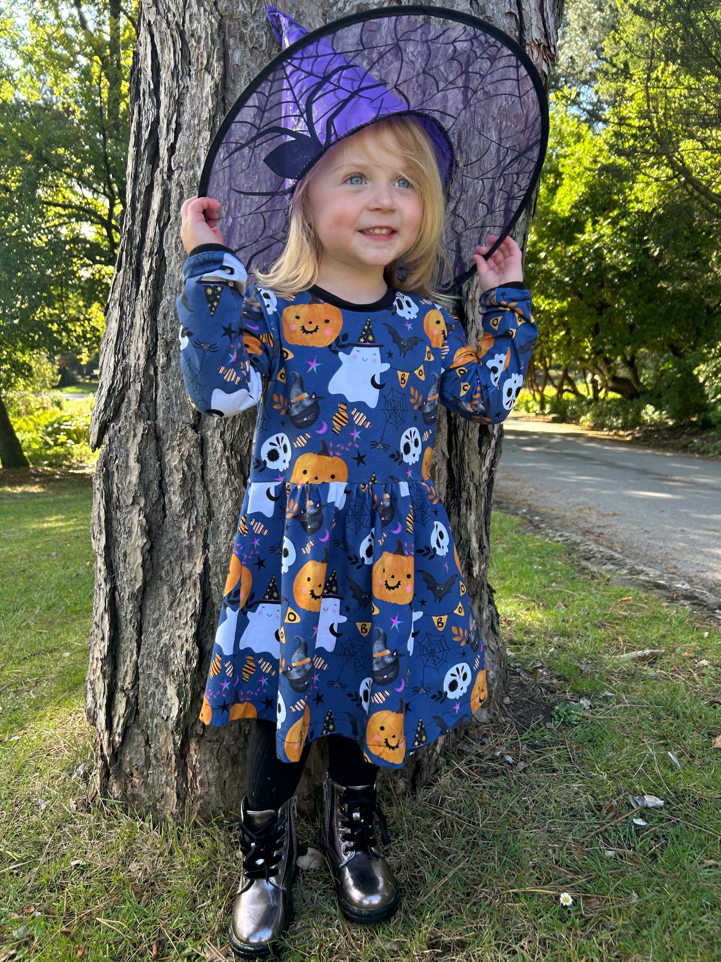 Blue BOO Halloween Long Sleeve Baby & Toddler Jersey Dress