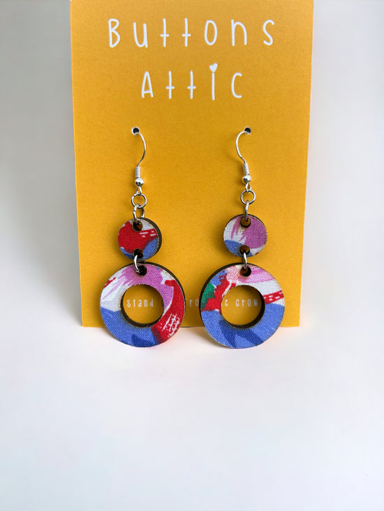 Floral Print Zero Waste Double Drop Circle Cut Out Hook Earrings