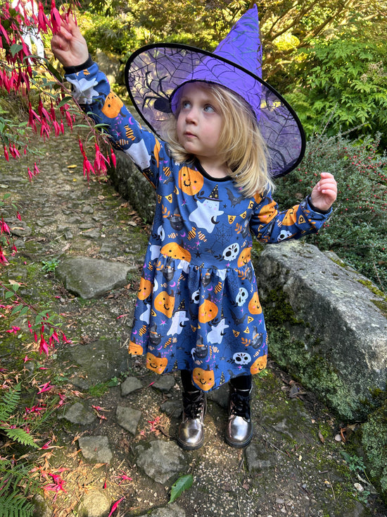 Blue BOO Halloween Long Sleeve Baby & Toddler Jersey Dress