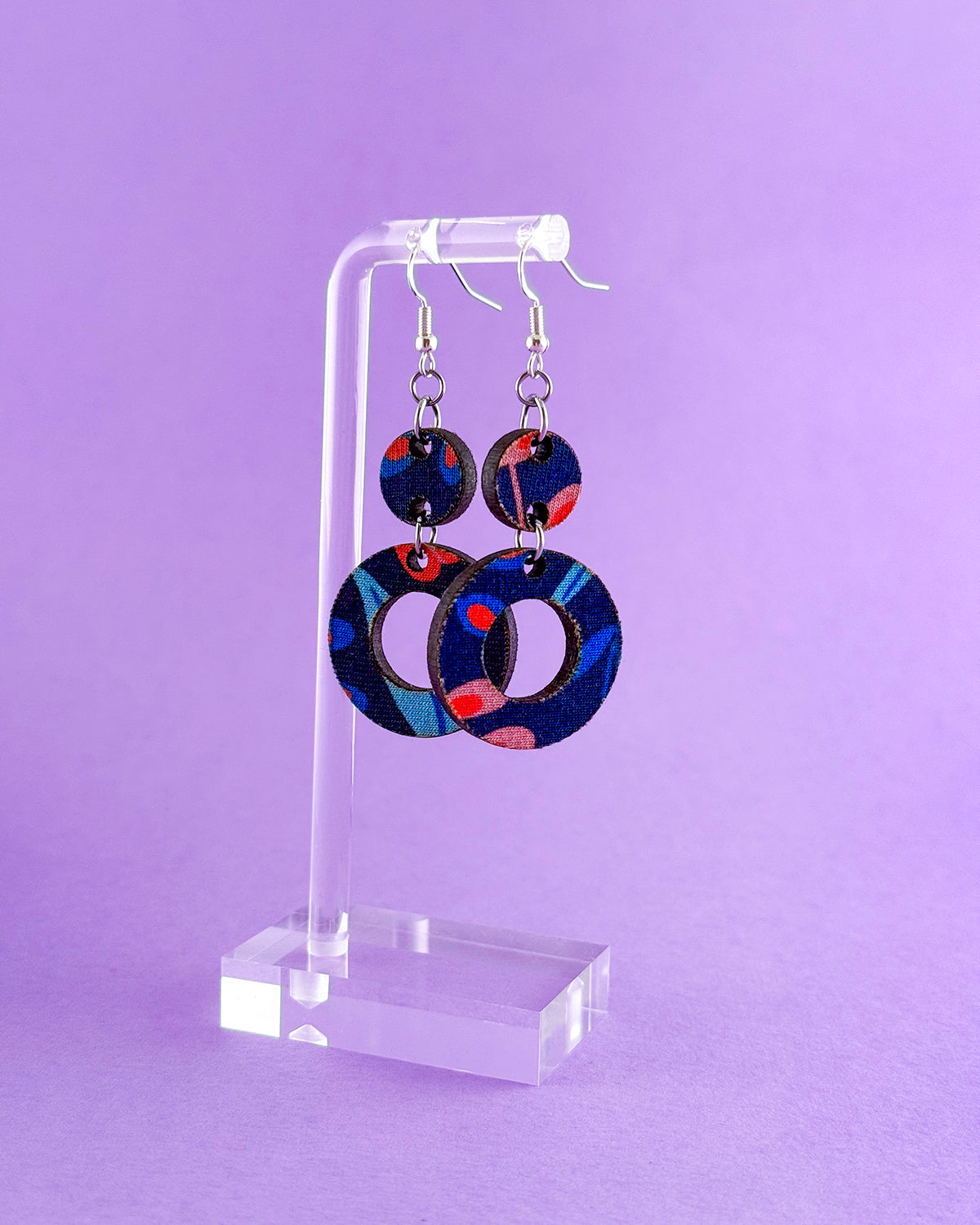 Fauna Navy Print Double Drop Circle Cut Out Hook Zero Waste Earrings