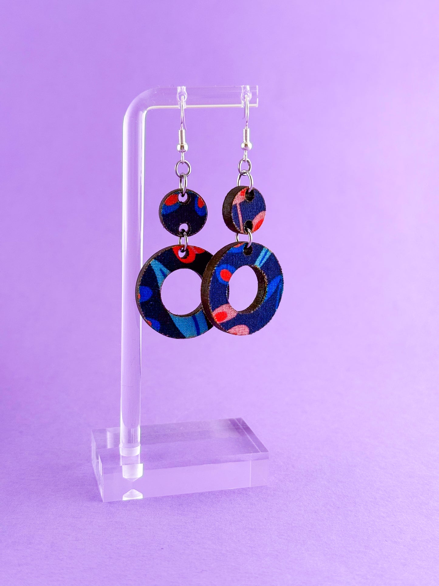Fauna Navy Print Double Drop Circle Cut Out Hook Zero Waste Earrings