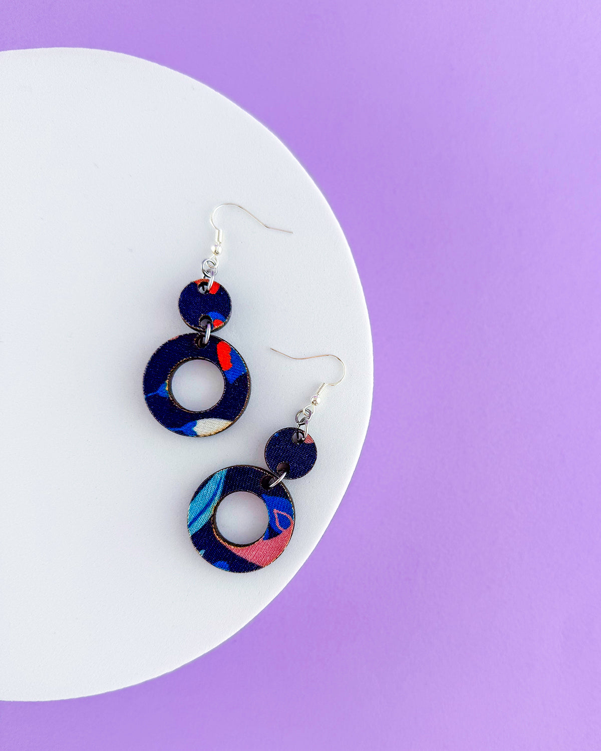 Fauna Navy Print Double Drop Circle Cut Out Hook Zero Waste Earrings