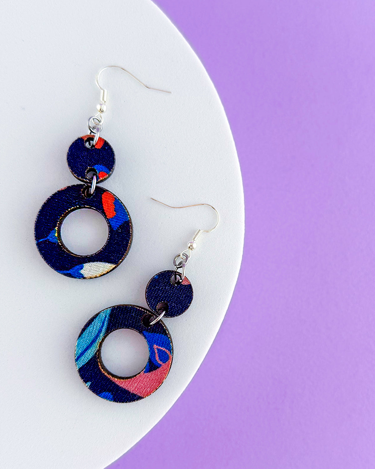 Fauna Navy Print Double Drop Circle Cut Out Hook Zero Waste Earrings