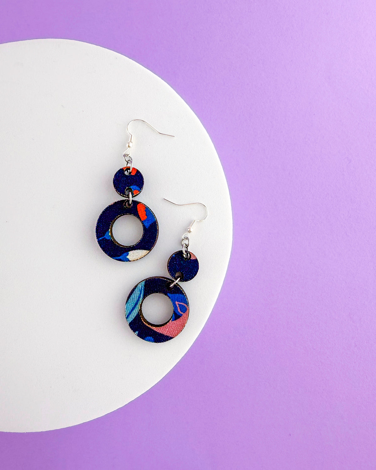 Fauna Navy Print Double Drop Circle Cut Out Hook Zero Waste Earrings