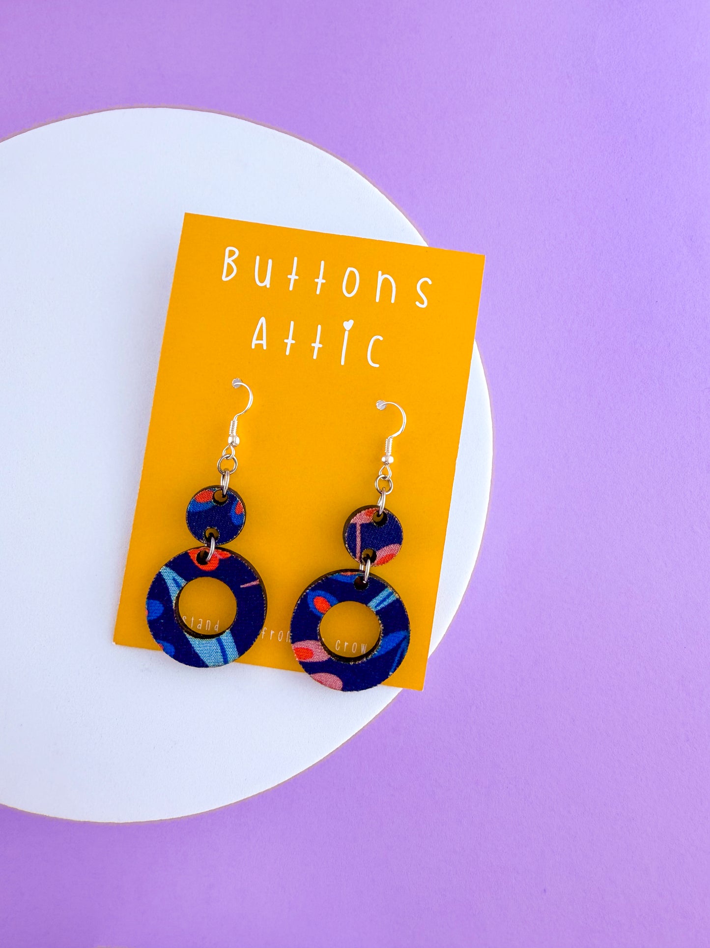 Fauna Navy Print Double Drop Circle Cut Out Hook Zero Waste Earrings