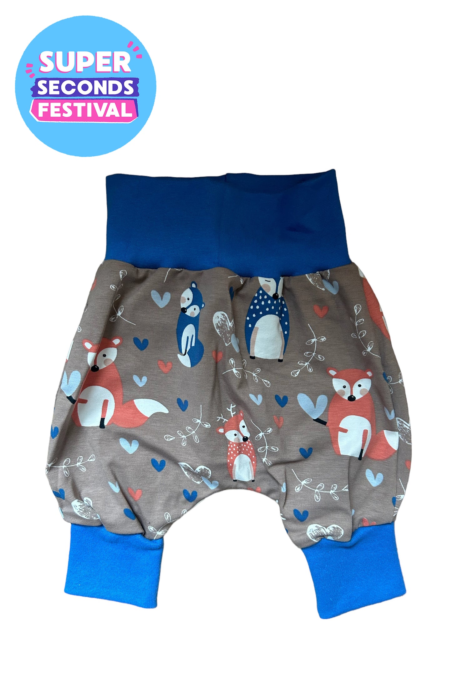 0-3 months Woodland Animals Jersey Baby Harem Pants Blue Cuff Option